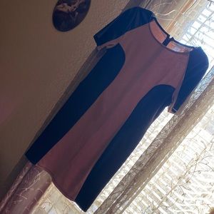 Tan and black size medium midi dress with leather sleeve detail